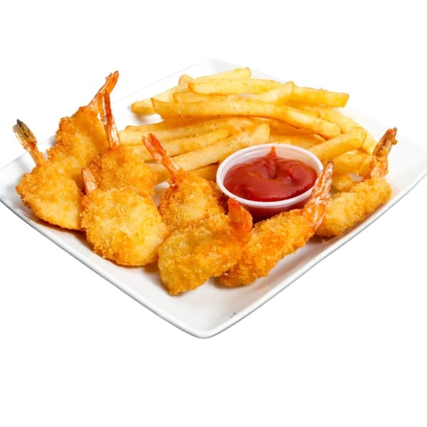 Crispy fried shrimp and golden french fries with a side of ketchup on a white plate.